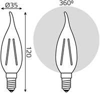led лампа Gauss Filament Elementary CА35 Е14 10 Вт - размеры