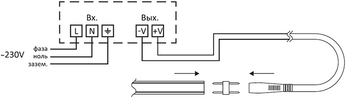 термостойкая led лента "Эра" LS2835-9,6-120-24-IP68-3 year-5m - схема подключения