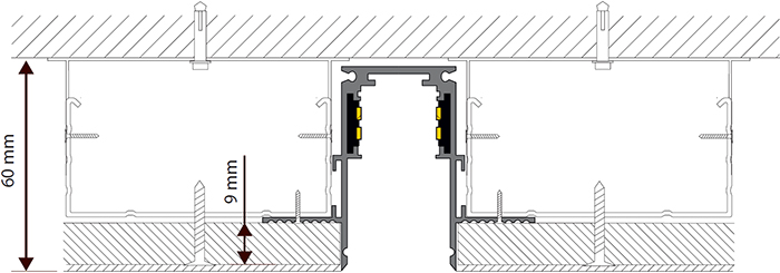 встраиваемый магнитный шинопровод "Эра" серии Nova - установка при использовании 1 листа гипсокартона 9мм