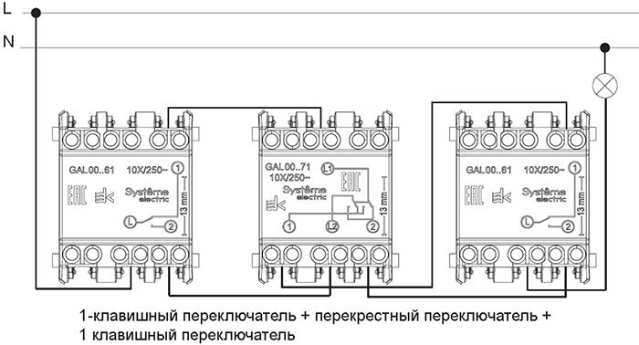 переключатель 1-клавишный перекрестный Systeme Electric серии ArtGallery - пример подключения
