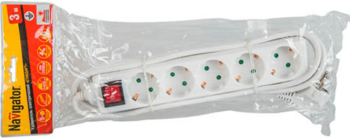 удлинитель 5-местный 3 м Navigator NPE-S (ESC), з/к + шторки, выключатель - упаковка