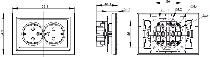 розетка 2-местная с з/к IEK Brite с рамкой - размеры