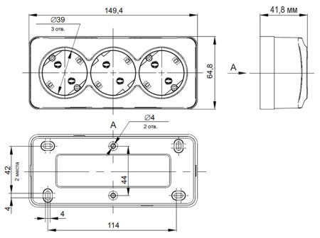 Глори черный розетка открытая 3-мест заземление IP20 