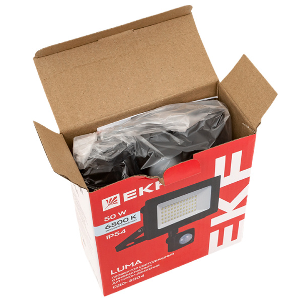 Прожектор свд 50Вт 6500К 4000лм черный IP65 110° Luma EKF датчик движения