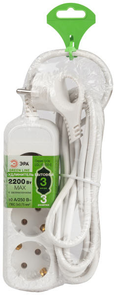 Удлинитель 3-мест 3м ПВС 3*0,75 белый ЭРА  Greenline