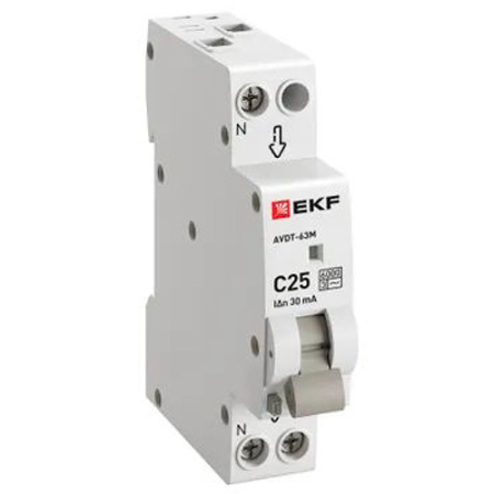 Дифавтомат 2Р 25А C тип AC 30мА 6кА 1мод АВДТ-63М EKF