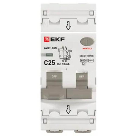 Дифавтомат 2Р 25А C тип AC 10мА 6кА 2мод АВДТ-63N EKF PROxima