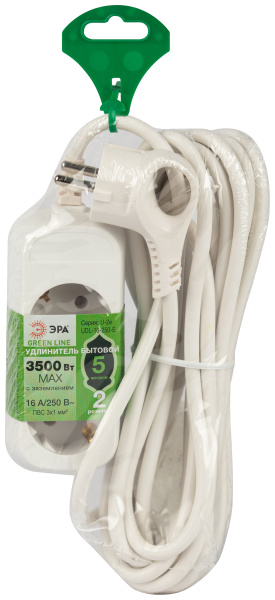 Удлинитель 2-мест 5м ПВС 3*1 белый ЭРА  Greenline